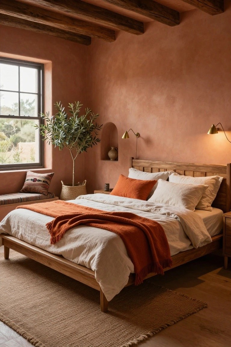 Bedroom interior featuring terracotta-colored walls, wooden bed frame with white sheets orange throw blanket and pillows, olive tree in pot, built-in bench, and window with landscape view.