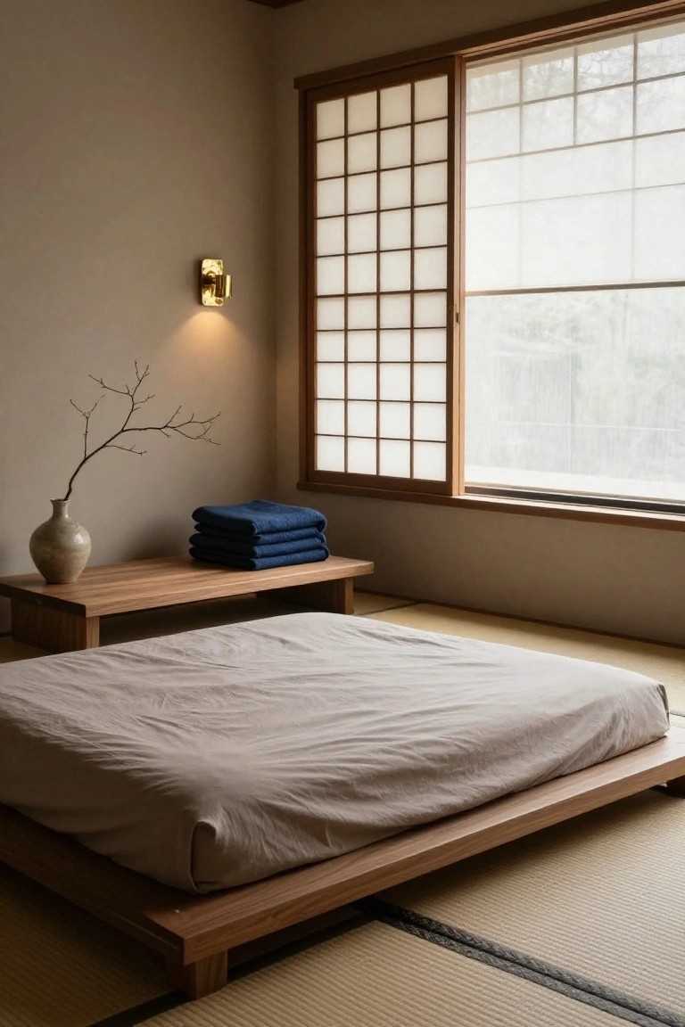 A minimalist Japanese-style bedroom with beige walls, tatami mat flooring, shoji sliding doors, low wooden platform bed with beige sheets, wooden bench holding stacked blue towels, ceramic vase with bare branches, and brass wall sconce.