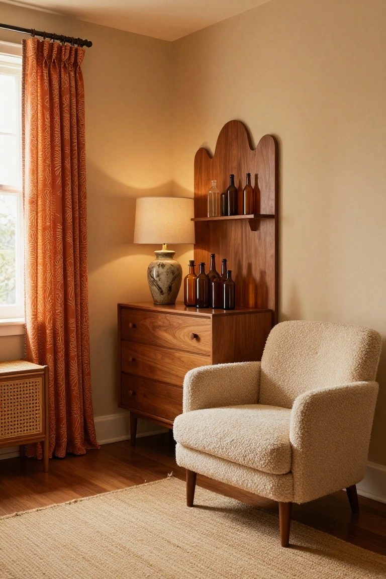 Bedroom corner with warm beige walls, wooden arched shelves holding glass bottles, wooden dresser with ceramic vase, cream shearling armchair, orange patterned curtains on window, rattan stool, and jute rug on wood floor.
