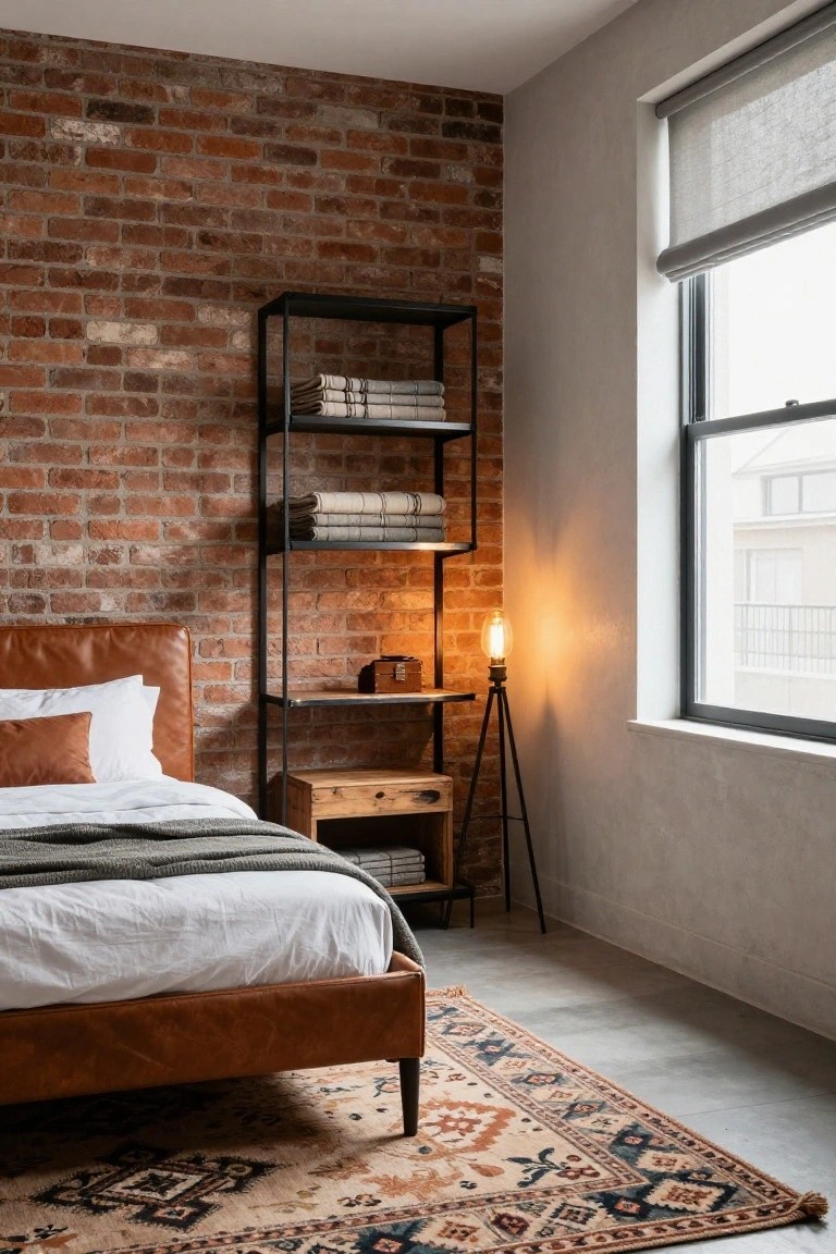 A bedroom with exposed red brick wall, tan leather bed with white sheets and gray throw, black metal shelving holding folded towels, wooden nightstand with small box and bedside lamp on tripod stand, large window with roller shade, and patterned rug on concrete floor.