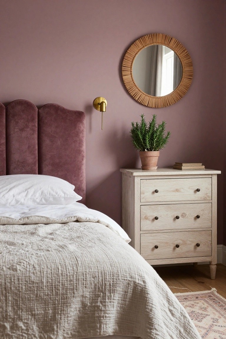 Bedroom interior featuring soft mauve walls, tufted mauve velvet headboard with white sheets and light grayish quilt, white wooden three-drawer nightstand holding a terra cotta pot with rosemary plant and stacked books, round rattan mirror, gold wall sconce, and wood floor with pink rug.