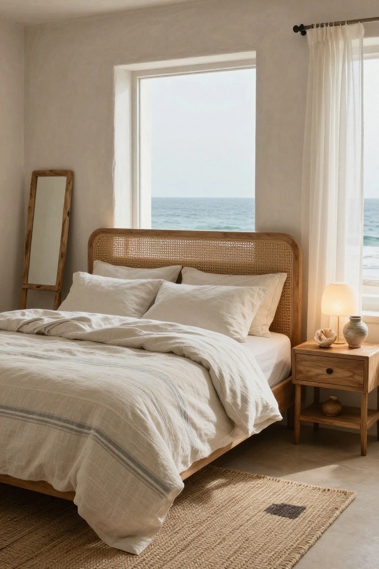Bedroom with rattan headboard bed draped in white linen bedding, wooden nightstand holding a lamp and vase, freestanding wood-framed mirror, sheer curtains on large window showing ocean view, and seagrass rug on floor.