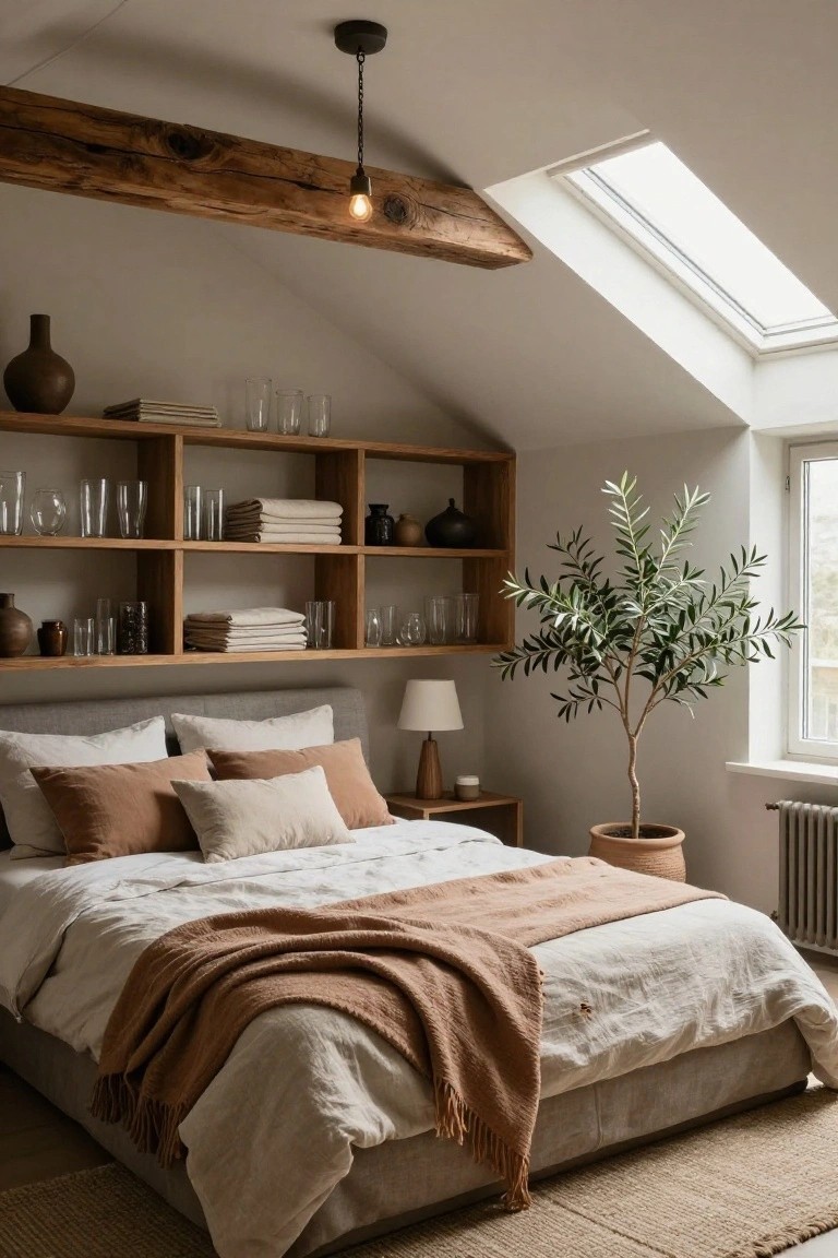 Attic bedroom featuring light gray walls, exposed wooden beams, built-in wooden shelves with glassware, linens, and pottery, a low bed with beige sheets, pillows, and terracotta throw, an olive tree in a terracotta pot, a bedside lamp, and a skylight.