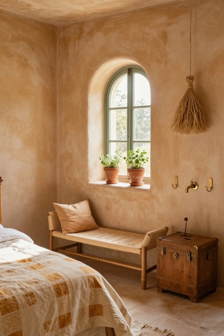 Bedroom interior with ochre textured plaster walls, arched green-shuttered window holding two terracotta pots of herbs, rattan bench with beige cushion beside a quilted bed, wooden trunk nightstand, brass hooks and faucet on wall, and hanging straw pendant light.