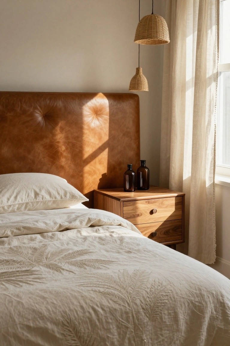 Bedroom interior with tan tufted leather headboard, white bedding featuring palm embroidery, wooden nightstand with two brown glass bottles, rattan pendant lights, and sheer curtains beside a sunlit window.