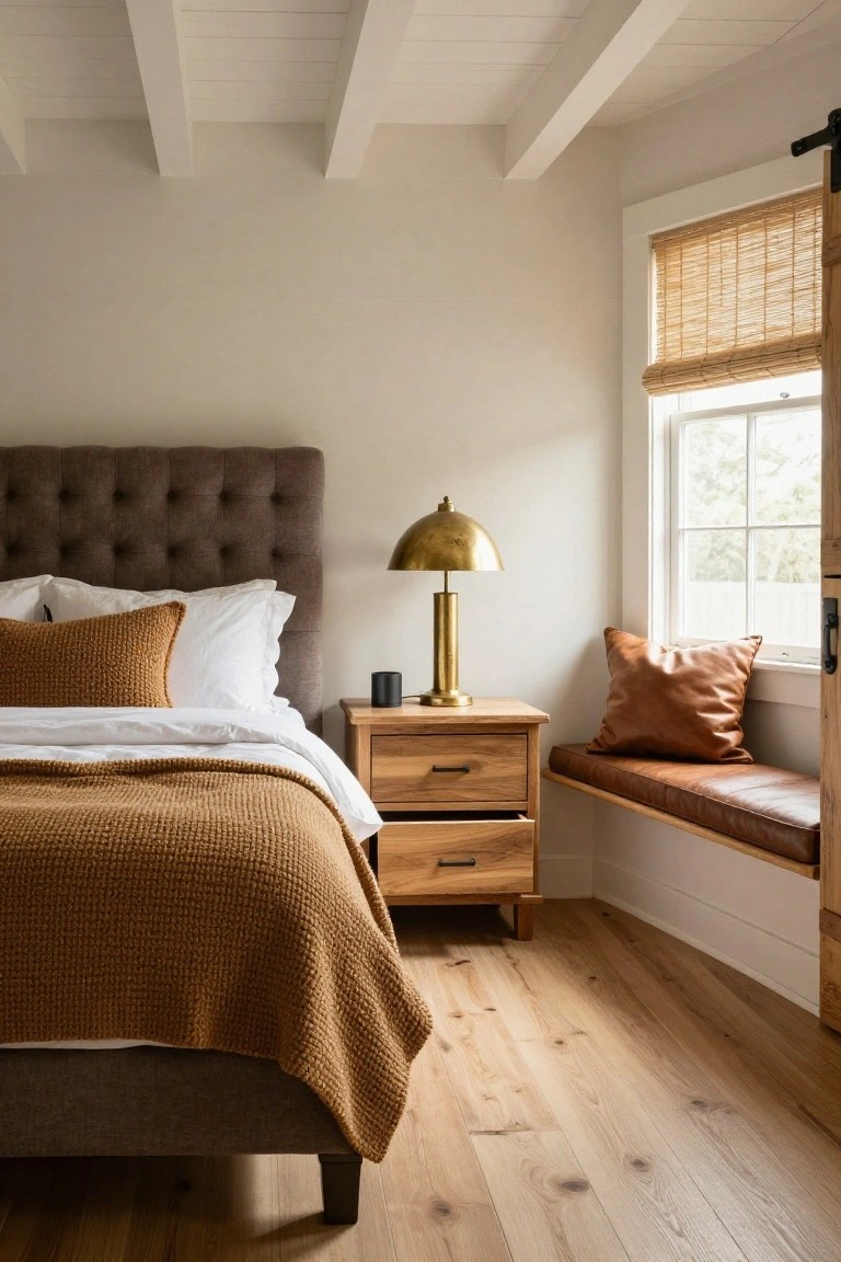 Bedroom interior with gray tufted upholstered headboard, white bedding topped by terracotta knit throw and orange textured pillows, wooden nightstand holding brass lamp and mug, built-in window seat with brown leather pillow and bamboo shade, light wood plank flooring, white shiplap walls and ceiling beams.