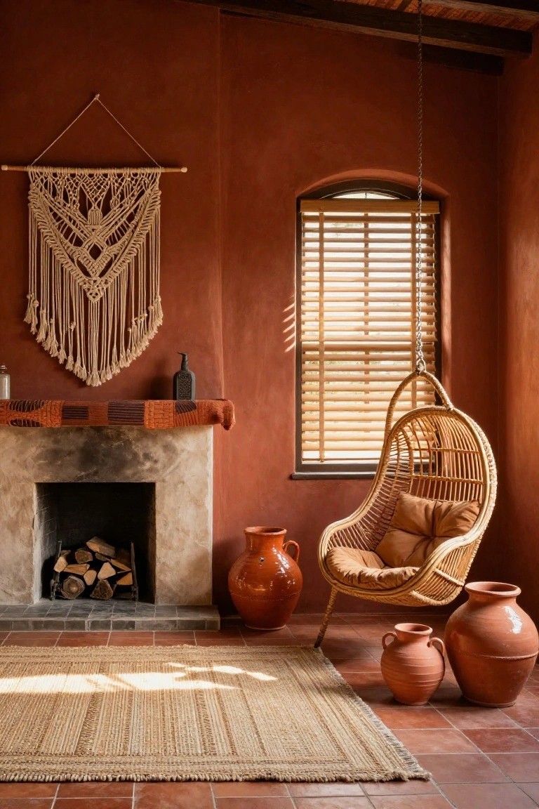 Cozy interior room featuring terracotta walls and tile floor, a stone fireplace with wood logs, woven hanging chair with cushions, large terracotta pots, macrame wall hanging, and beige rug.