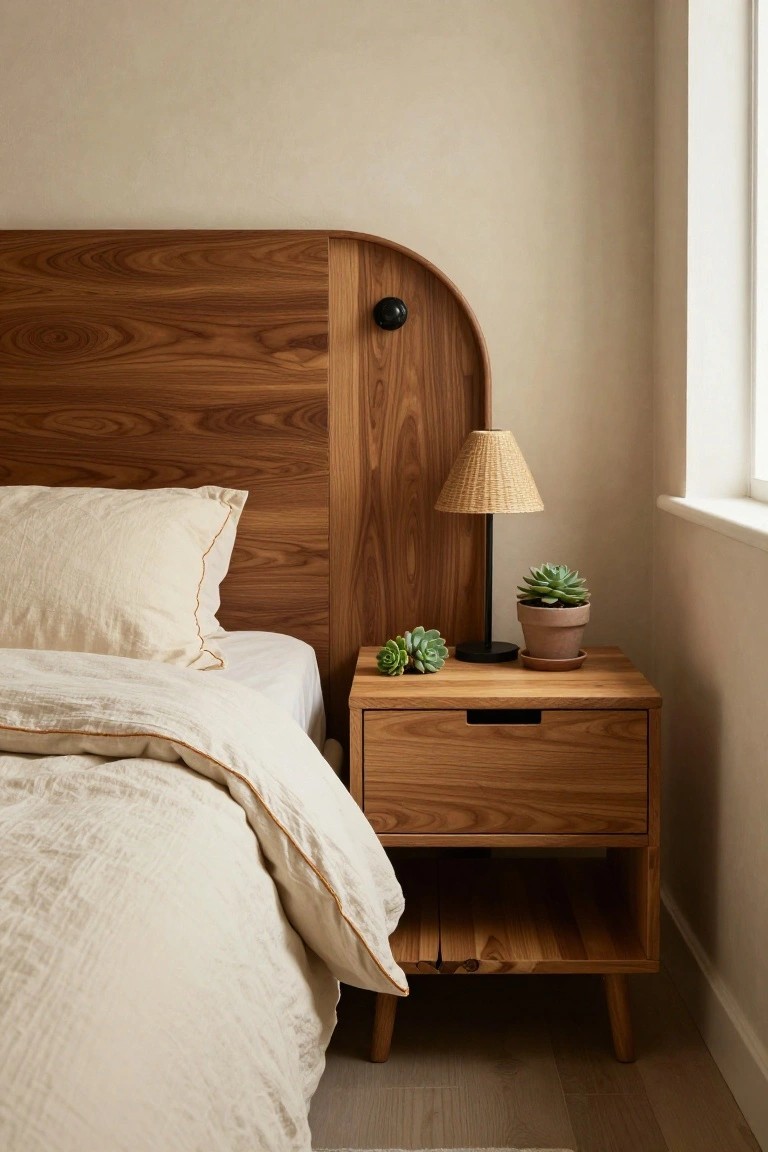 Bedroom corner with curved walnut wood headboard behind white linen bed, wooden nightstand with rattan lamp and potted succulents, beige walls, and window.