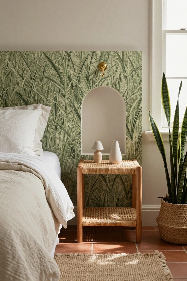 Bedroom corner with bed against green botanical wallpaper headboard featuring arched white niche holding lamp and vase, rattan nightstand with plants, and tall snake plant in basket on terracotta tile floor.