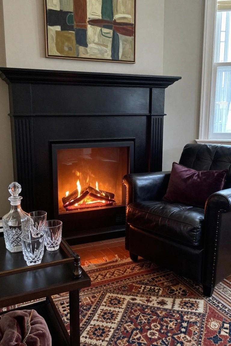 Room corner with black fireplace mantel and lit electric fire, black leather armchair with purple pillow, wooden side table holding crystal decanter and glasses, abstract painting on wall, and patterned rug on floor.