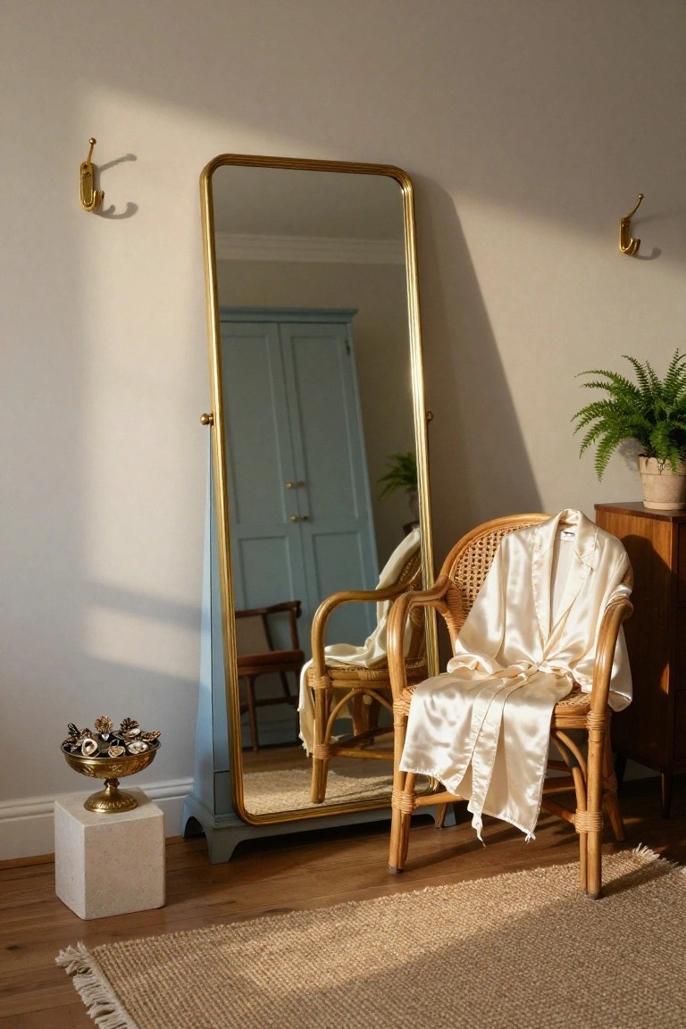 Bedroom corner with tall gold-framed full-length mirror leaning against wall, rattan armchair draped with white silk robe, blue wardrobe reflected in mirror, potted fern, pedestal bowl of shells, and seagrass rug on wood floor.