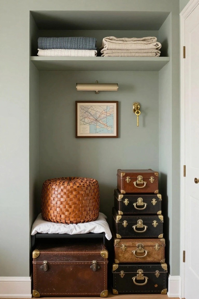 Recessed sage green alcove in a bedroom with folded quilts on upper shelf, brass wall light, framed Paris map, brass key hook, stacked brown and black leather suitcases, woven basket stool on low platform, next to white door.