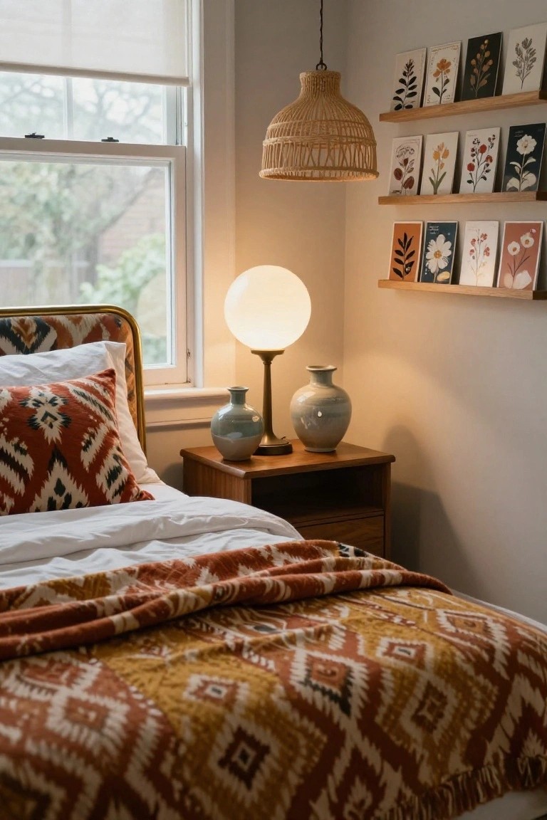 Bedroom corner with a wood bed frame, white sheets, orange ikat pillows and throw blanket, wood nightstand holding two gray ceramic vases and a white globe lamp on a brass base, rattan pendant light overhead, floating oak shelves displaying assorted small botanical art prints on a light wall, and a large window with sheer roller blind.