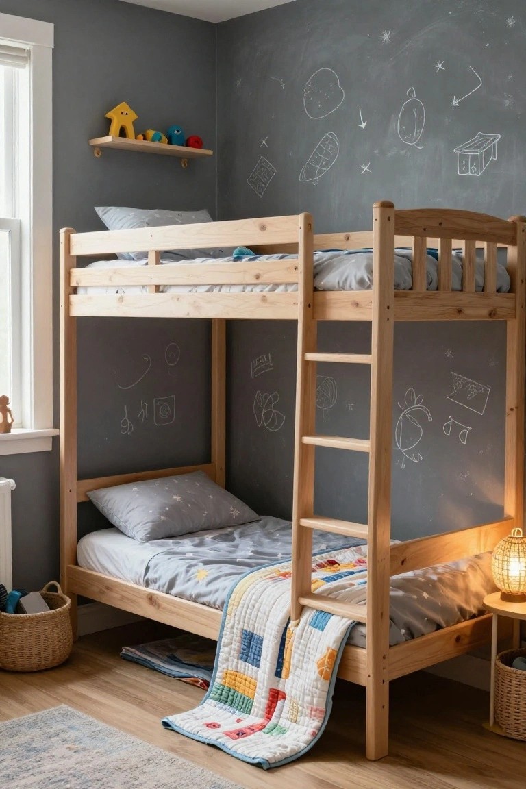Wooden bunk bed in a gray children's bedroom with chalkboard walls covered in hand-drawn stars, planets, and shapes, gray star bedding on the lower bunk, toys on shelves, and a lantern nearby.