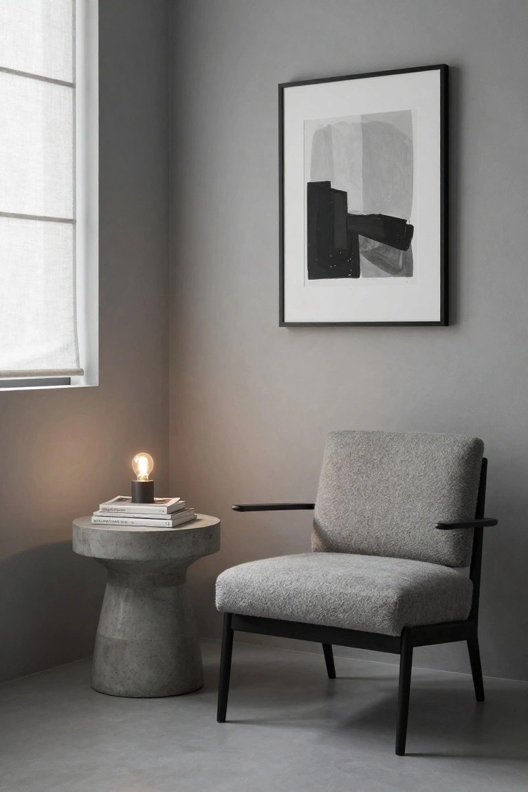 Grey fabric armchair with black wood frame next to round concrete pedestal side table topped with black lamp, books, and lit bulb, in light grey room corner with abstract black and white art on wall and sheer blinds on window.
