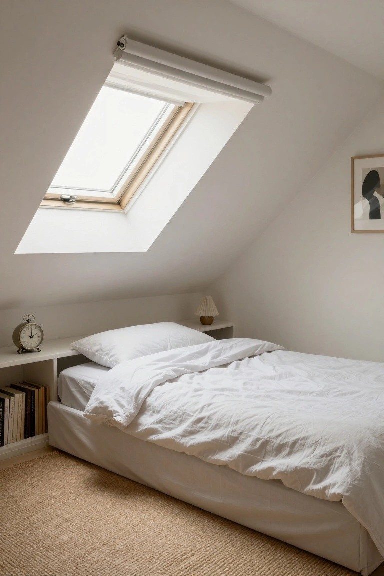 Attic bedroom featuring a low white platform bed under a sloped white ceiling with a skylight, bedside table holding a lamp and alarm clock, bookshelves, abstract wall art, and seagrass rug on wood floor.