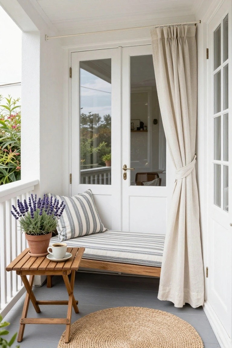 Balcony corner with cushioned wooden bench seat, small wooden side table holding coffee cup and potted lavender plant, beige curtain on open French doors, seagrass rug on gray floor, white railing, and outdoor plants nearby.