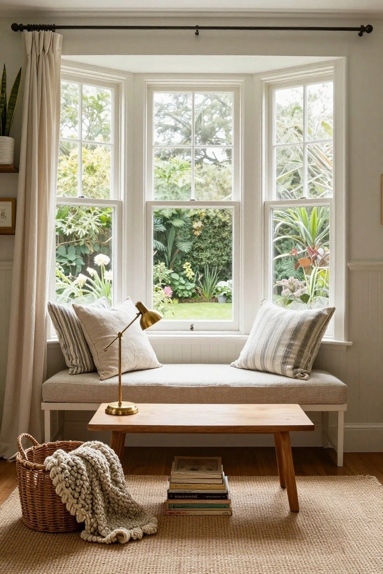 Bay window seat with beige cushions, striped pillows, brass lamp, wooden bench with books, woven basket with throw blanket, and garden view through white-framed windows.