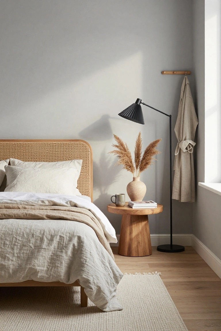 Bedroom corner showing a rattan headboard bed with white linen bedding, wooden pedestal side table with books, mug, and pampas grass vase, black arched floor lamp, and beige robe hanging on wooden hook against light gray wall and wood floor.