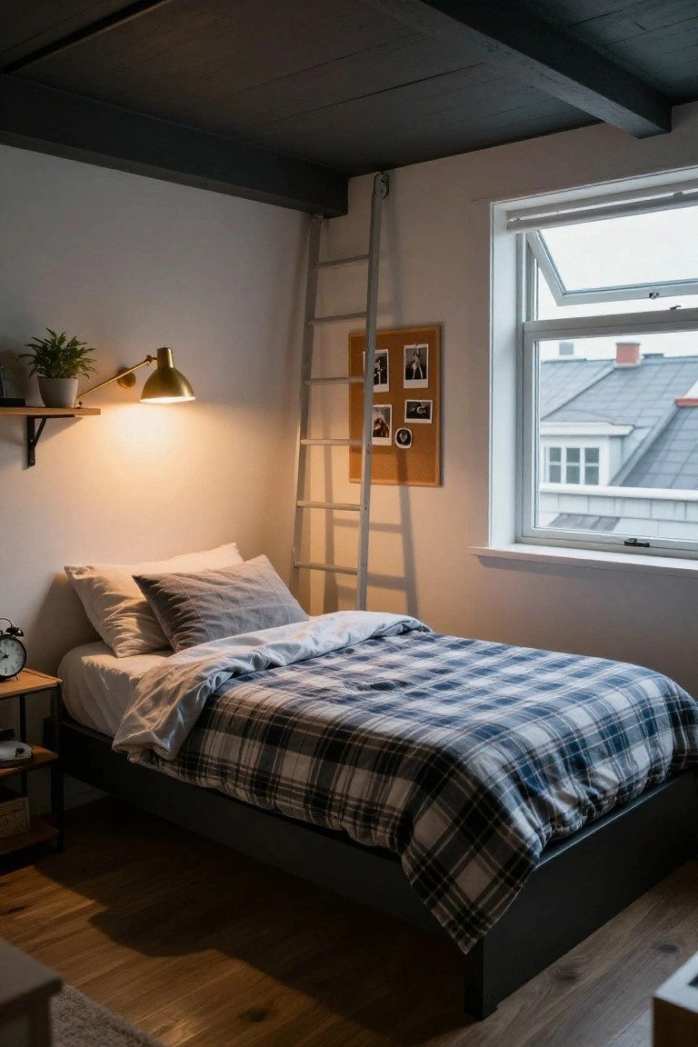 Small bedroom corner with low black platform bed covered in gray plaid duvet and pillows, wooden ladder leaning on white wall next to corkboard and gold arc lamp with potted plant on shelf, large window showing rooftops, exposed dark wood ceiling beams, hardwood floor.