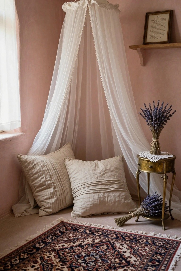 Pink-walled bedroom corner featuring a white lace-trimmed canopy over stacked beige pillows, a brass table with lavender bouquet, and a patterned rug on the floor.