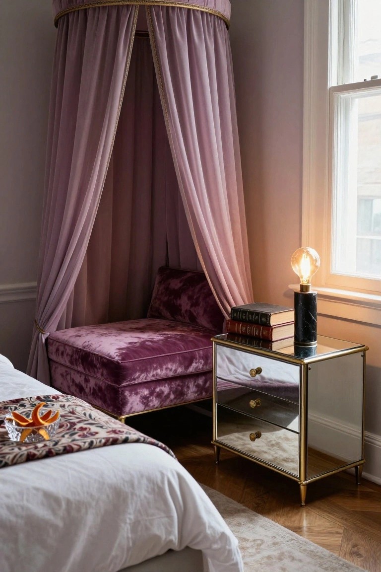 Bedroom corner showing a white bed with orange slices in glass dish on ikat runner, adjacent purple velvet chaise lounge under pink draped canopy, gold mirror nightstand with black marble lamp, books, and exposed bulb, parquet floor, and window.