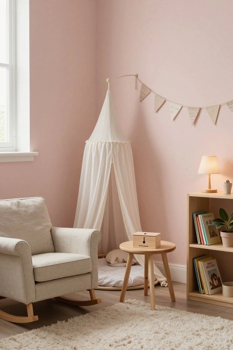 Corner of a pink-walled children's bedroom with white canopy tent over low bed mat, cream rocking chair, wooden tripod table with box, and wooden bookshelf holding books and potted plants.
