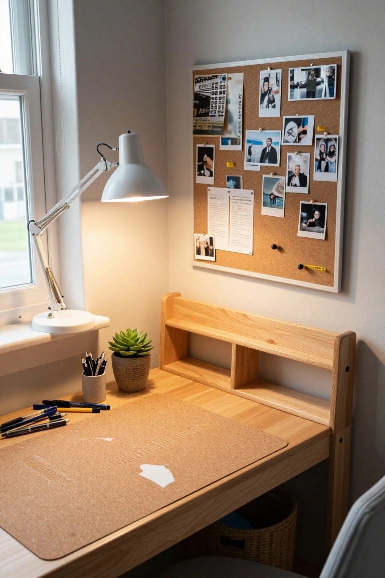 Wooden desk with built-in side shelves in a light bedroom corner, adjustable white lamp on window sill, cork desk mat, succulent plant, pens, and cork bulletin board with pinned photos and notes on wall.