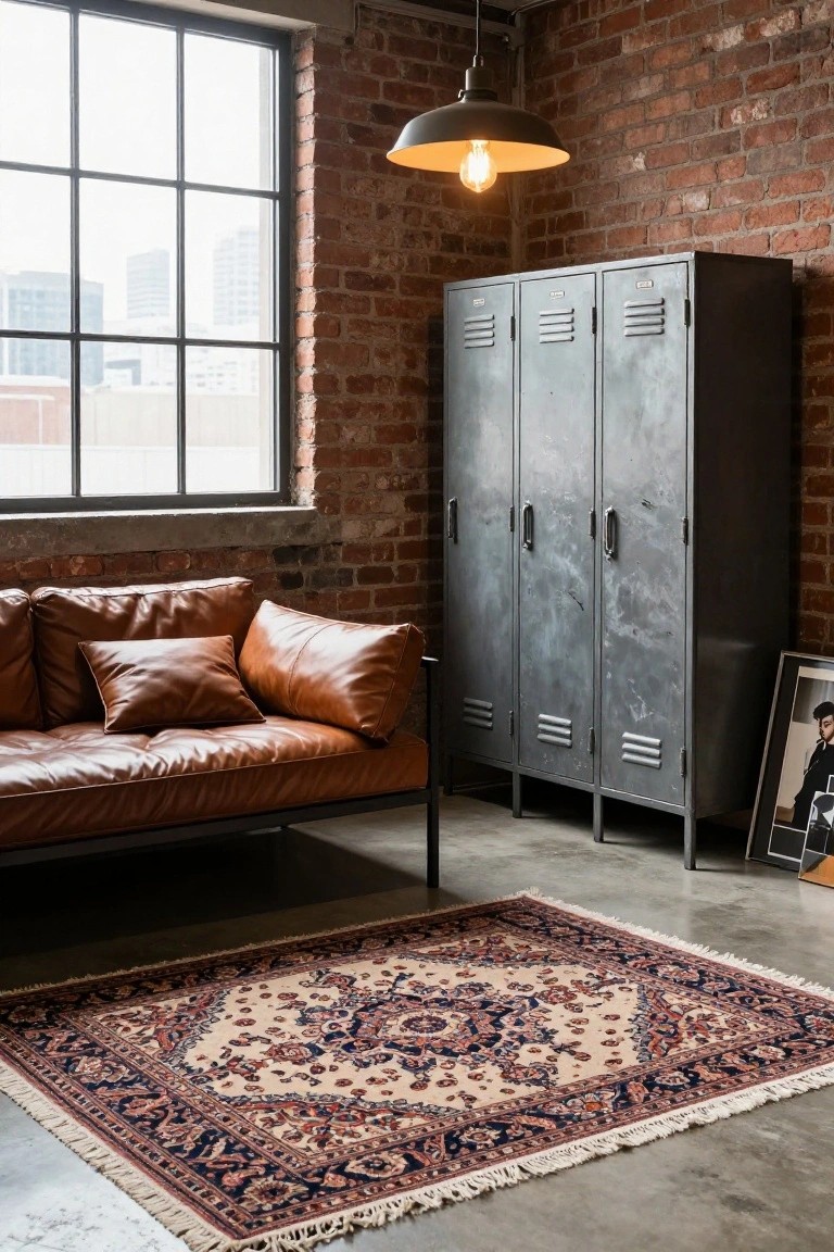 Stylish industrial living room featuring a leather sofa, metal lockers, and an ornate rug.