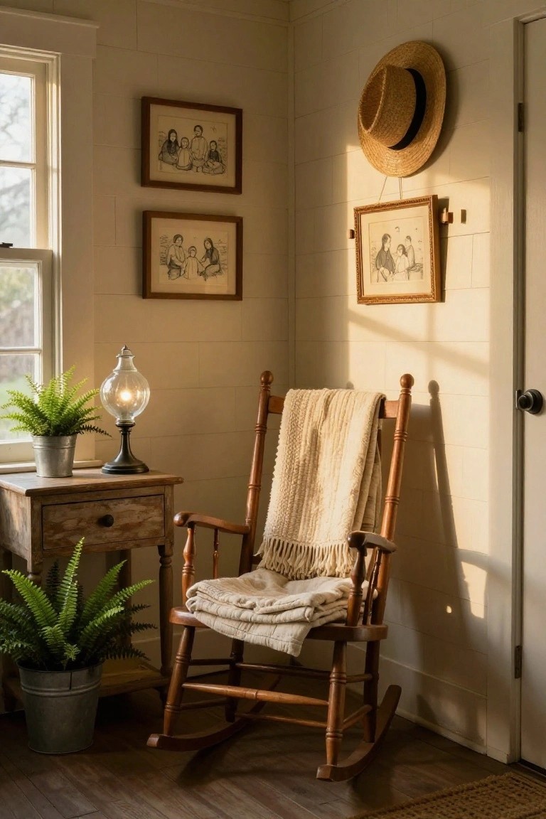 Wooden rocking chair draped with a cream-colored blanket in a light beige corner of a bedroom, next to a distressed wood side table holding a glass lamp and potted ferns, with framed ink drawings on the walls, a straw hat hanging above, and soft sunlight streaming through a nearby window.