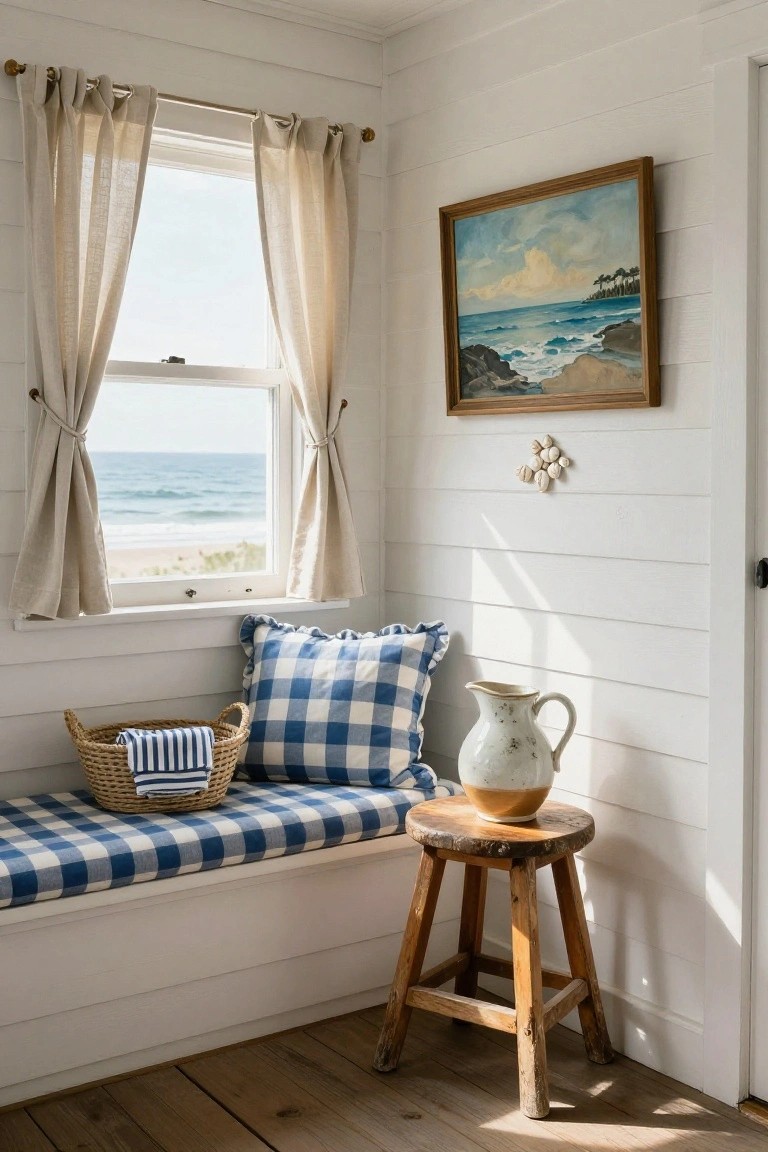 White shiplap interior corner with blue checkered cushioned bench under a window overlooking ocean and beach, wicker basket with blue striped towels, ceramic jug on wooden stool, and seascape painting on wall.