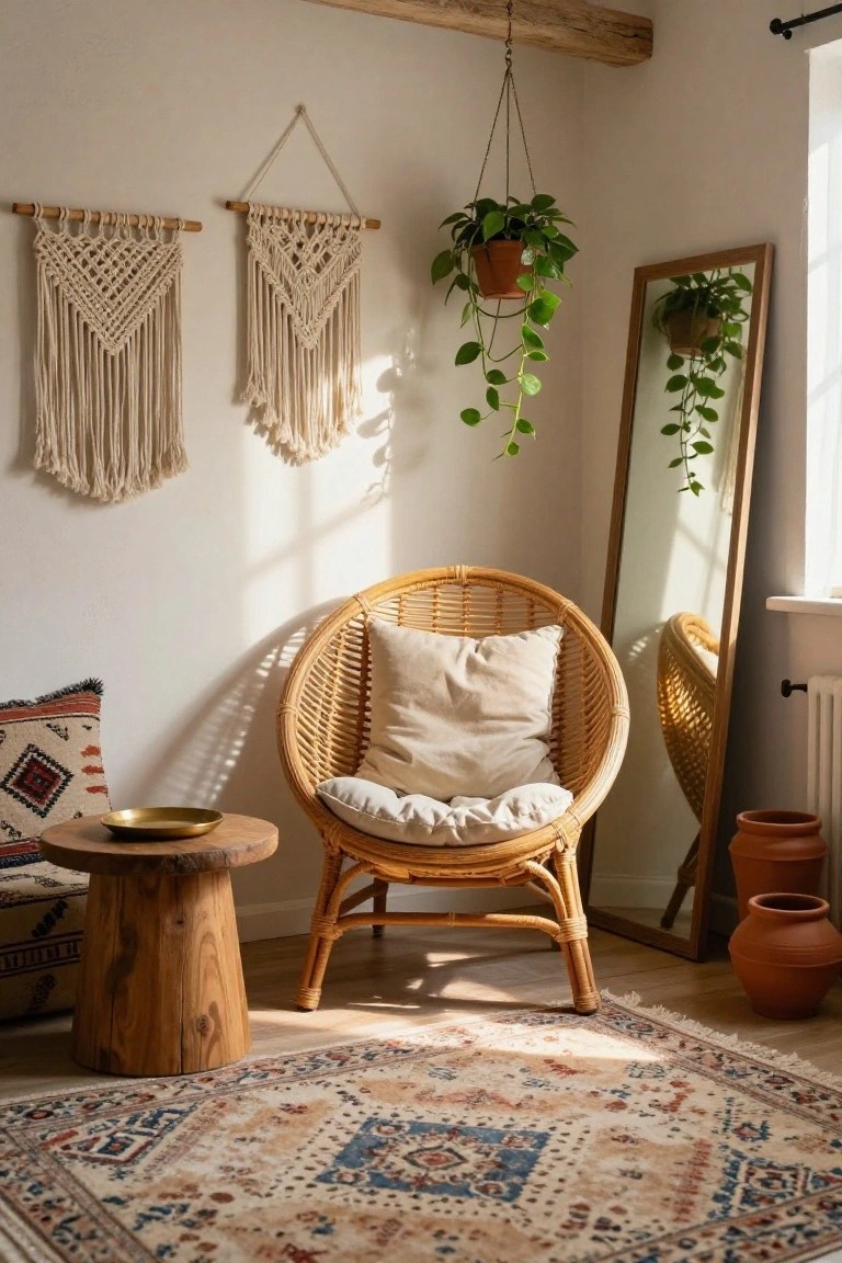 Sunlit bedroom corner with rattan egg chair and cream cushion, two macrame wall hangings, hanging potted plant, tall wooden mirror with trailing plant, wooden stool holding brass tray, patterned rug, and terracotta pots.