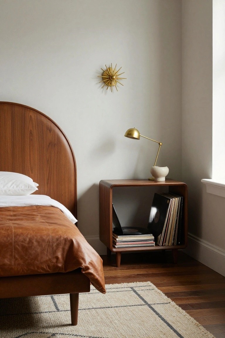 Bedroom corner with curved walnut headboard bed covered in tan leather duvet and white sheets, wooden nightstand holding stacked vinyl records and a white ceramic vase, gold arc lamp, gold starburst wall sconce on white wall, wood floor with beige rug.