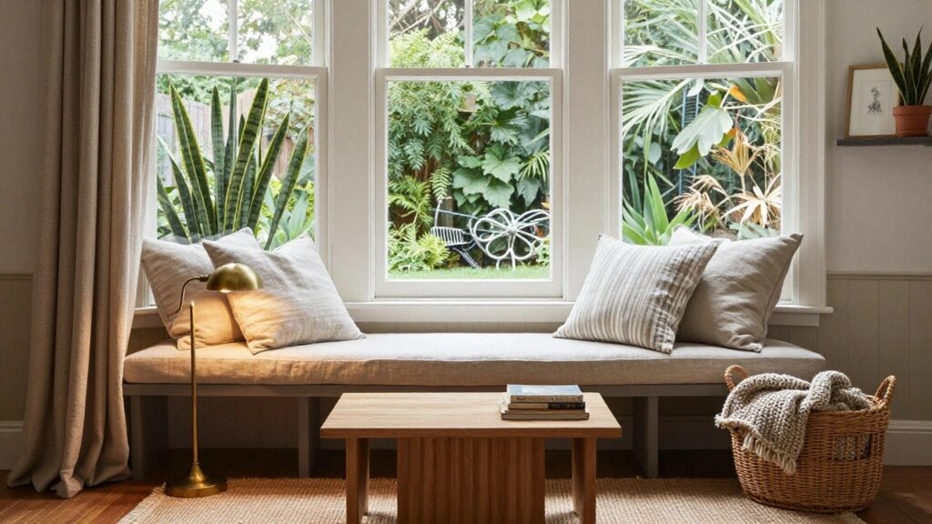 25 Cozy Bedroom Corner Ideas You’ll Love to Style Bay window seat with beige cushions, striped pillows, brass lamp, wooden bench with books, woven basket with throw blanket, and garden view through white-framed windows.