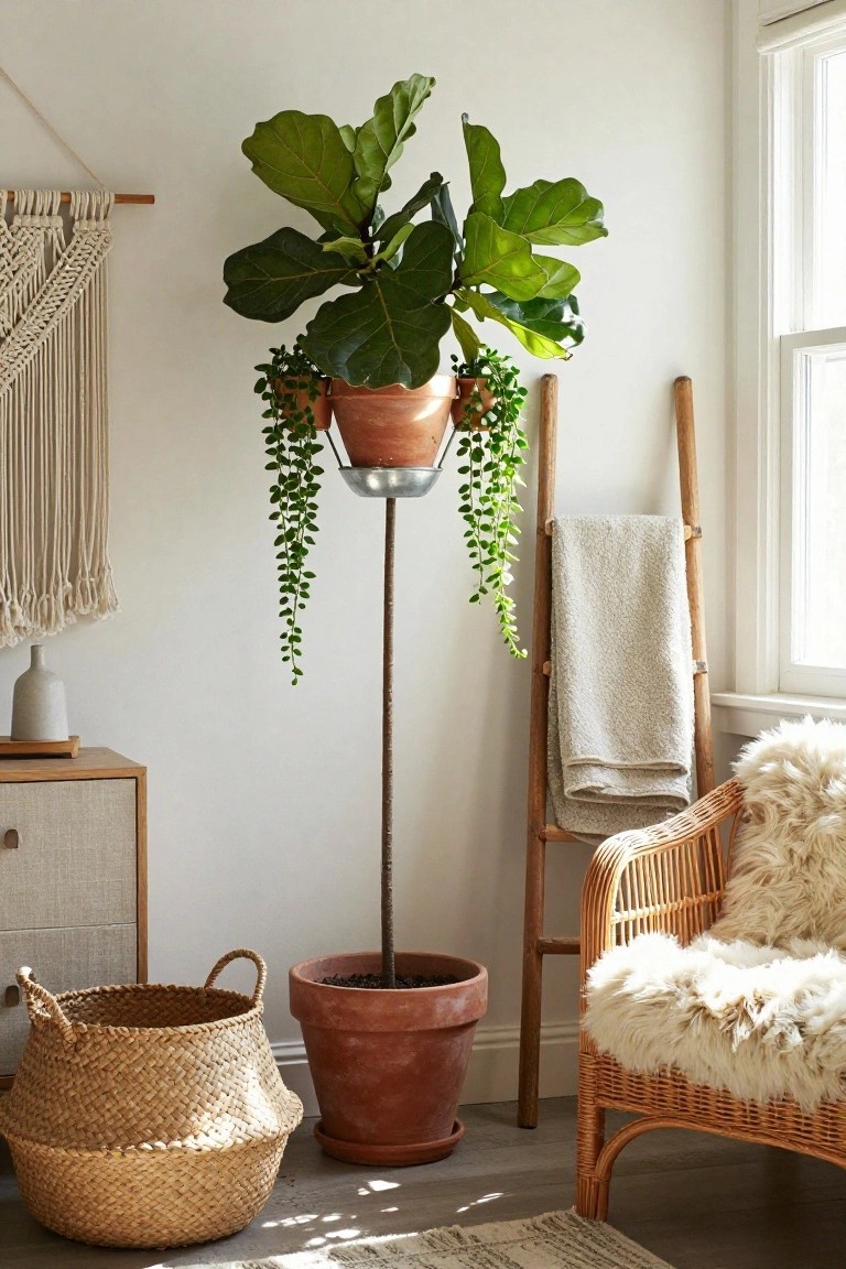 Bedroom corner with tall metal plant stand holding fiddle leaf fig in terracotta pot and trailing plant in silver holder, next to wooden ladder shelf draped with blanket, rattan armchair with sheepskin throw, woven basket, and floor plant in terracotta pot.