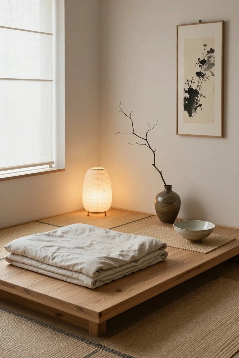Minimalist bedroom corner with light wooden low platform bed covered in folded white linens, tatami floor mats, rice paper lamp, tall ceramic vase with dried branch, small white bowl, and abstract ink painting on wall.
