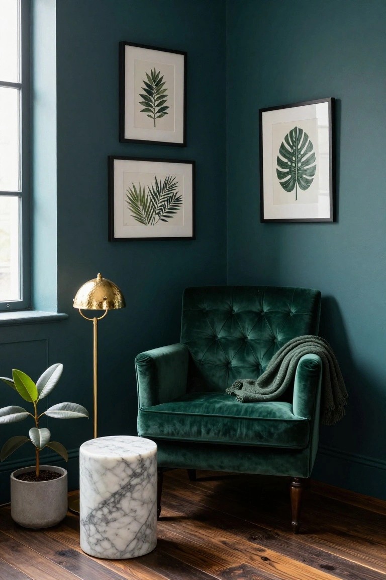 Corner of a teal room with dark wood floors, featuring three black-framed botanical leaf prints on the walls, a gold floor lamp, green velvet tufted armchair with throw, marble stool, and potted plant near a window.