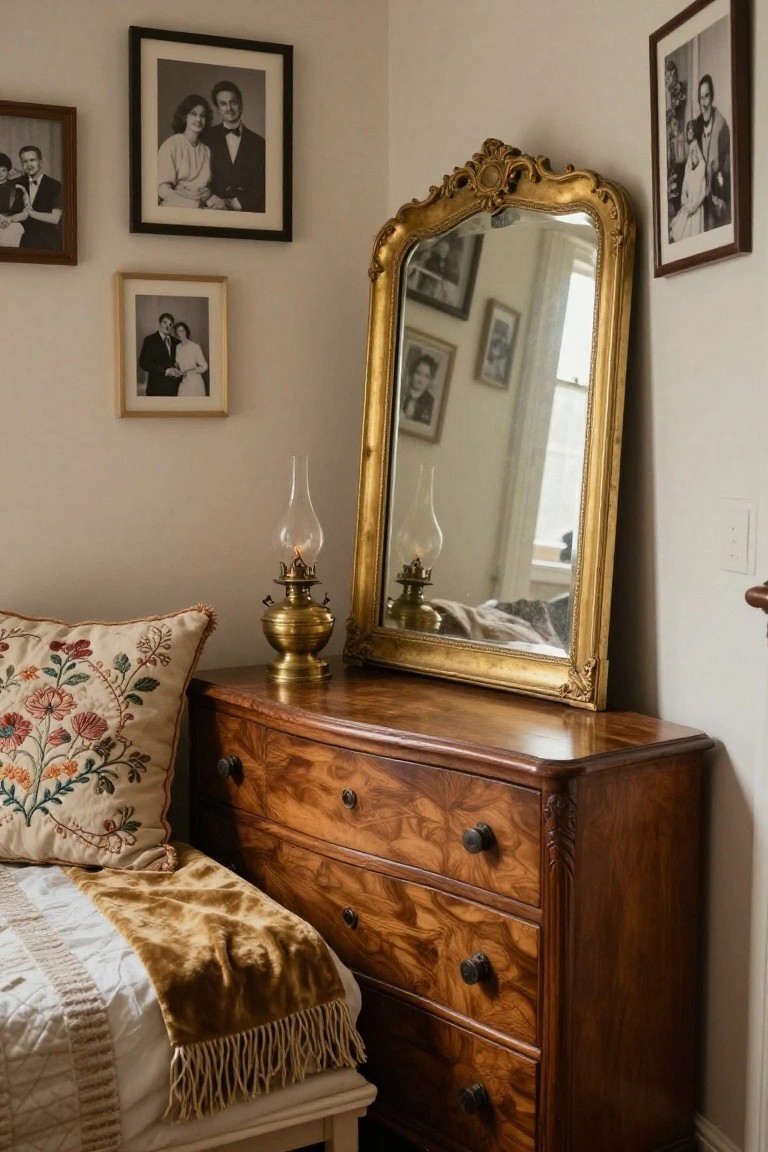 Bedroom corner with wooden dresser topped by gilded mirror, two brass oil lamps, embroidered pillow, velvet throw on bed, and assorted black-and-white family photos on walls.