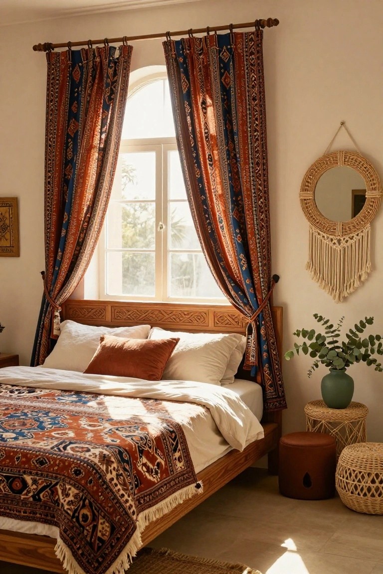Sunlit bedroom with arched window draped in blue-orange patterned curtains, wooden low bed with white bedding and rust pillows, matching patterned bedspread and rug, rattan mirror, plants, and woven stools.