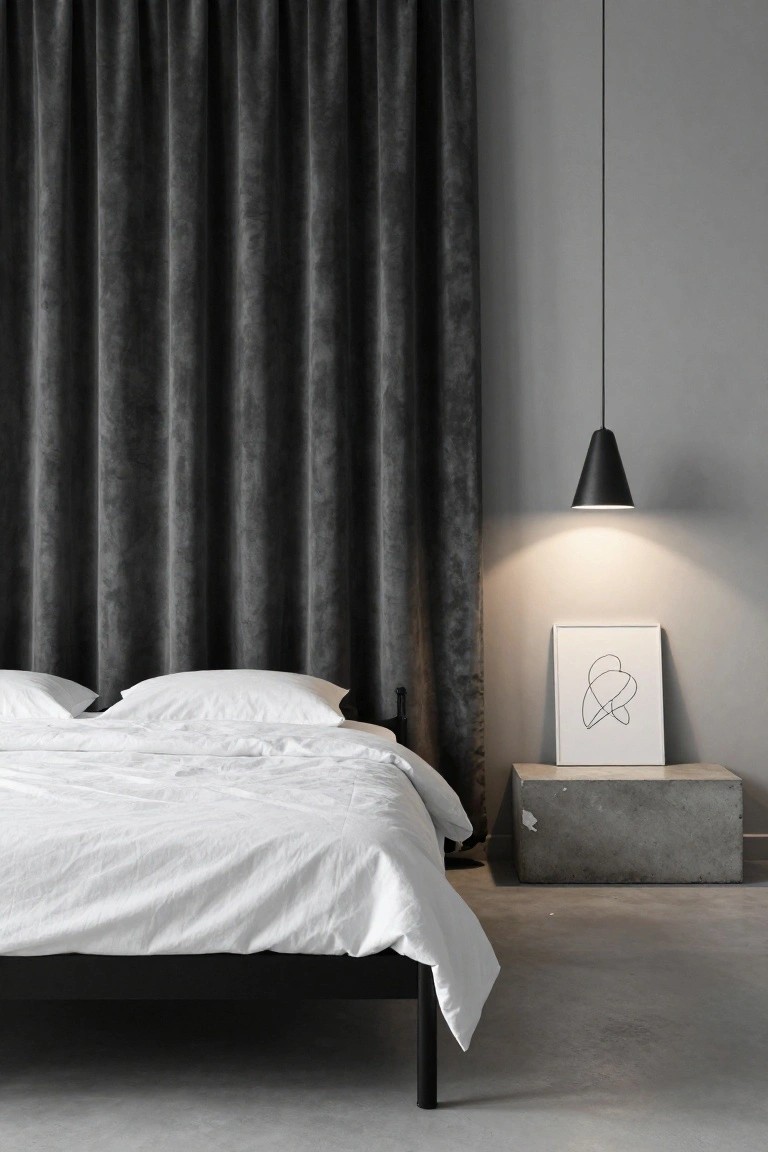 Minimalist bedroom with black metal bed frame, white rumpled sheets and pillows, concrete side table holding white-framed abstract line drawing, black cone-shaped pendant lamp lit up, tall dark textured curtains covering one wall, and polished concrete floor.