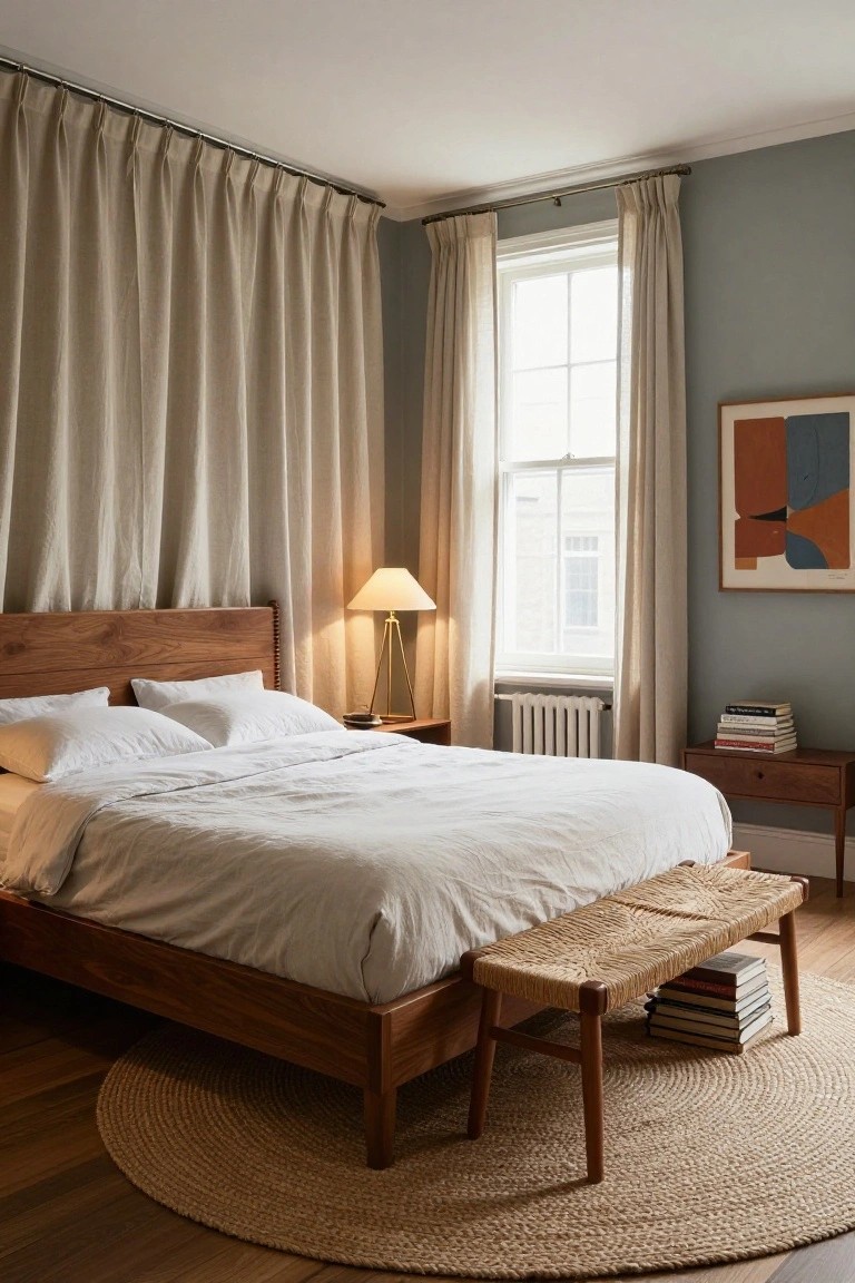 Cozy bedroom with a wooden bed, soft linens, a woven rug, and artwork.