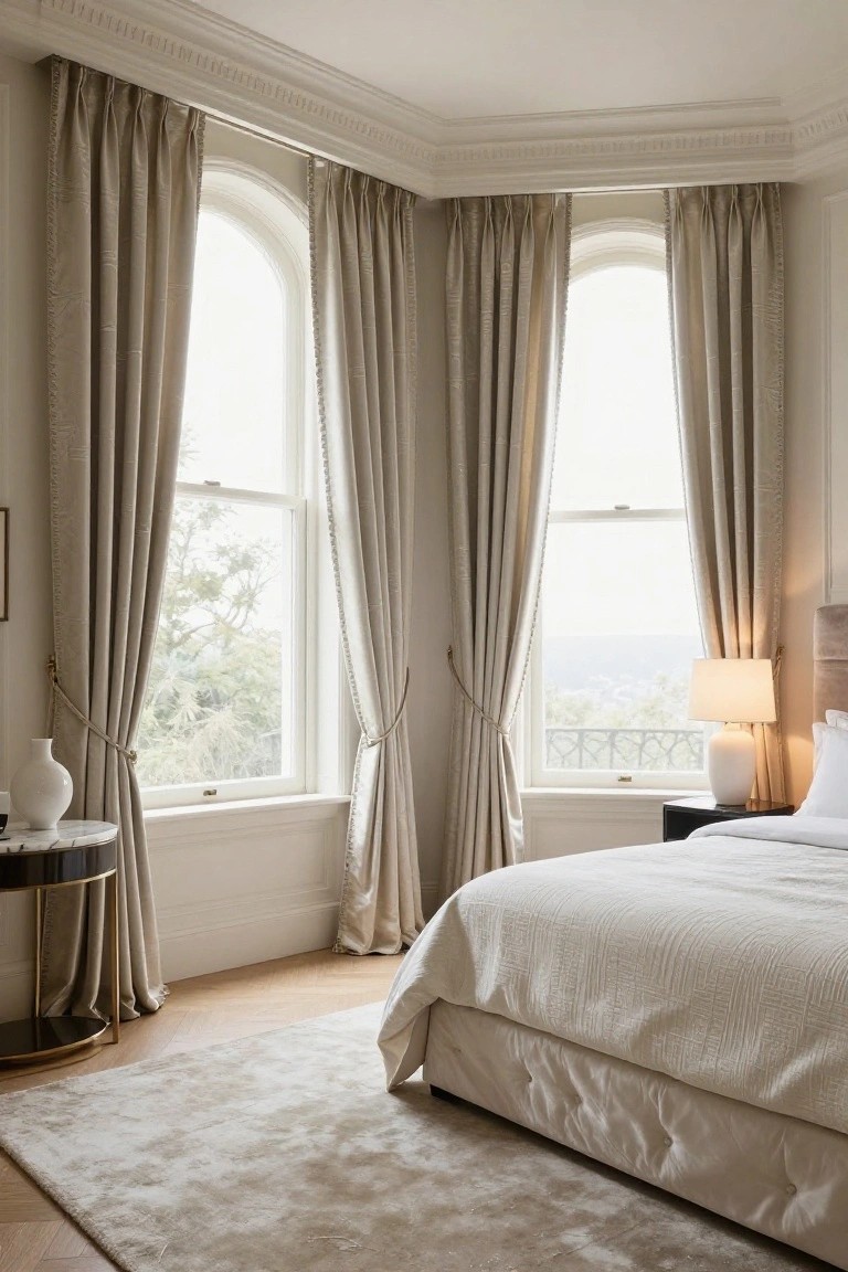 Bedroom corner with king bed in white textured bedding, black bedside table holding white lamp and vase, gold pedestal table, and long beige pleated curtains on two tall arched windows showing trees outside.