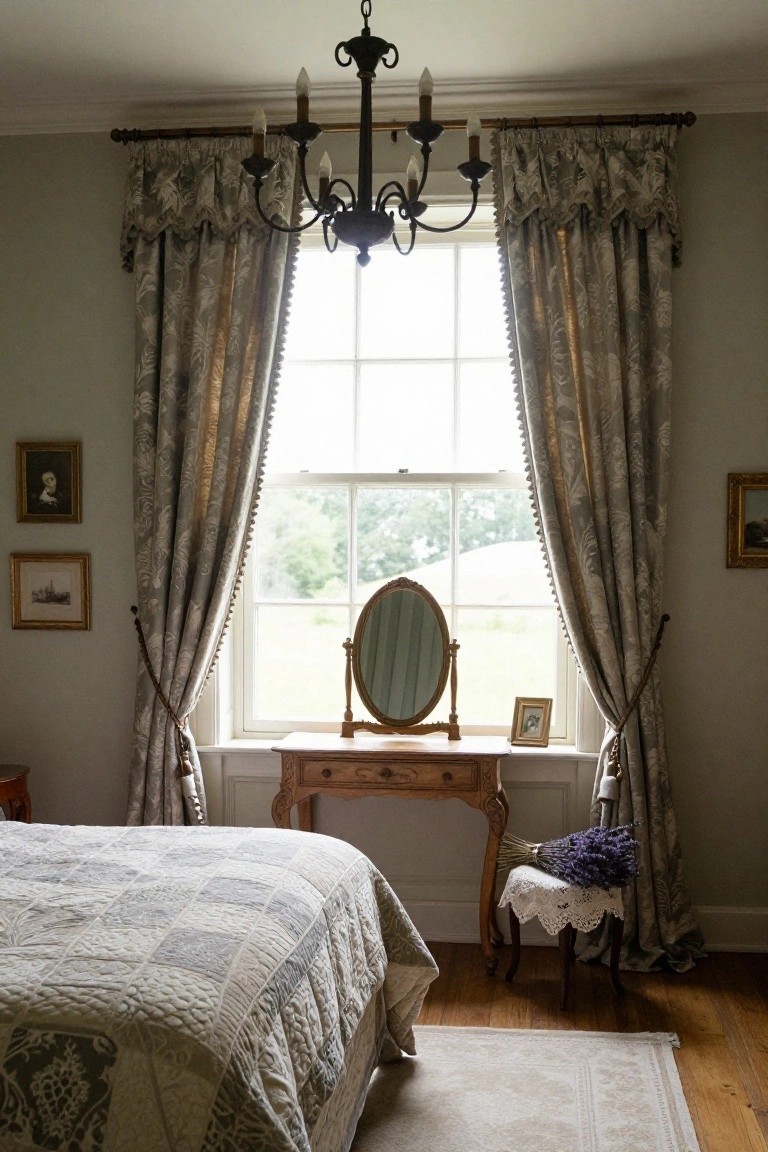 A bedroom with tall gray patterned curtains on a multi-pane window, a wooden vanity with oval mirror, quilted bed, small paintings on walls, and chandelier overhead.