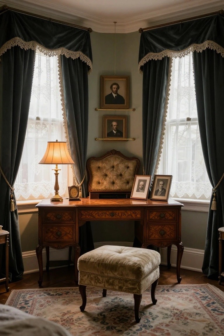 Corner of a bedroom with tall windows framed by green velvet drapes with scalloped lace valances and trim over sheer white curtains, a wooden desk holding photos and a lamp, tufted chair, and portraits on the wall.