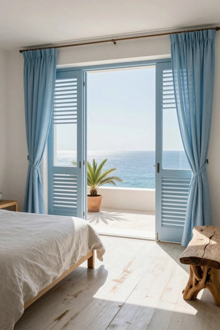 White bedroom with light blue sheer curtains framing open blue louvered shutters on doors to a balcony overlooking the ocean, a potted palm plant on the terrace, a wood bench, and a white bed.