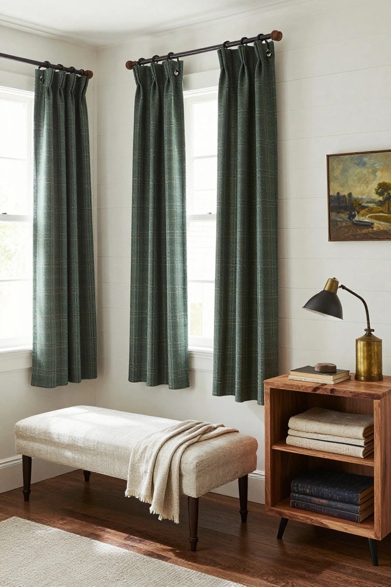 Bedroom corner with green plaid pleated curtains on two windows flanked by white walls, a wooden side table holding books linens a brass lamp and vase, and a beige upholstered bench with throw on wood floor.