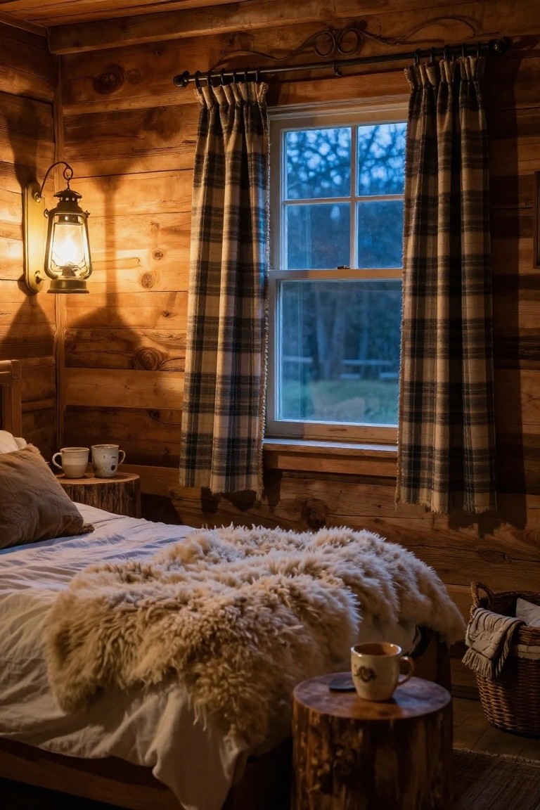 Log cabin bedroom with wood-paneled walls, plaid curtains on a double-hung window overlooking woods, bed with white sheets and fur blanket, lanterns, mugs on stump tables, and a basket nearby.