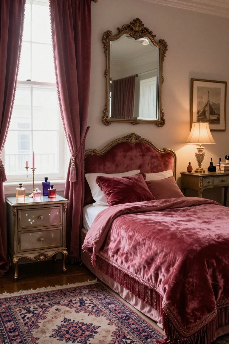 A bedroom interior with a tufted burgundy velvet bed, gold-accented nightstand holding perfume bottles and candles, ornate gold mirror, lamp, and heavy floor-length burgundy velvet curtains with tassels framing a window.