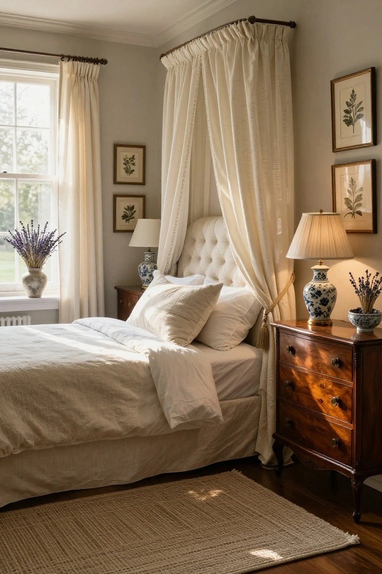 A sunlit bedroom with a white tufted bed draped in sheer white curtains forming a canopy, wooden nightstands holding blue and white vases and lamps, botanical prints on walls, and lavender stems near a window.