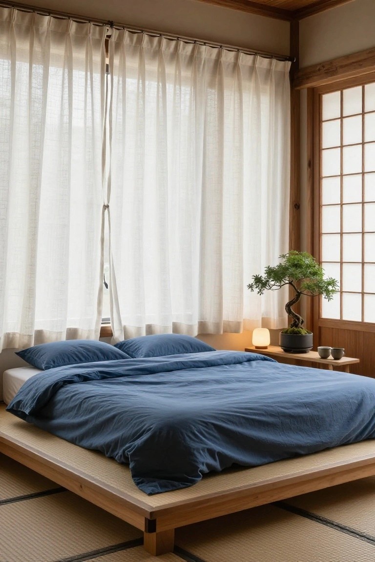 Japanese-style bedroom with low platform bed in navy linens, sheer white curtains on wood-framed window, bonsai tree on nightstand with lamp and teacups, tatami mats on floor.